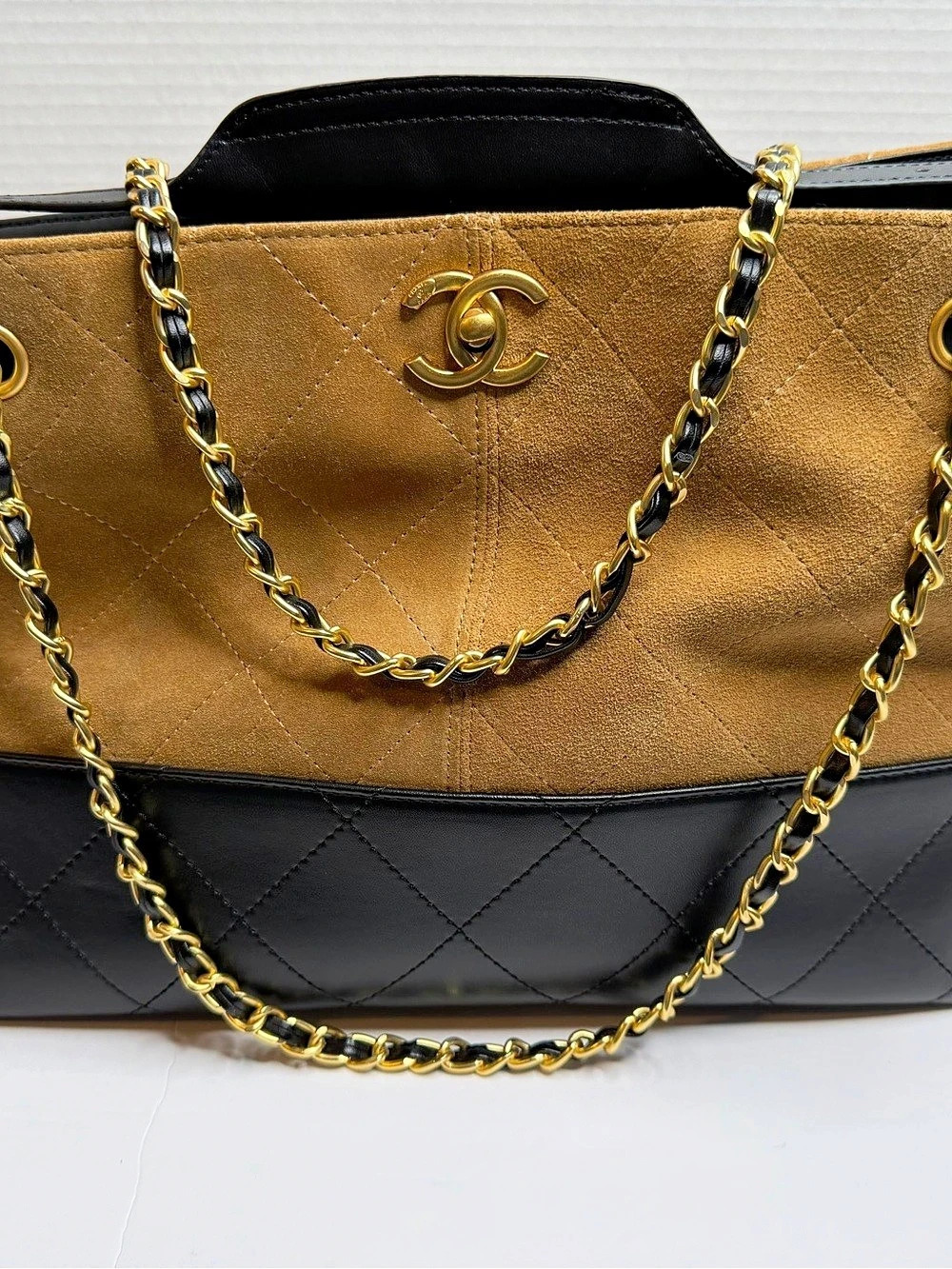 Chanel Two-Tone Quilted Suede and Leather Chain Tote Bag